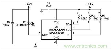 圖2：MAX44000典型電路，帶有發(fā)射器旁路