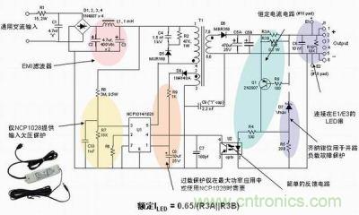 安森美半導體離線式第二代LED驅動器NCP1014/1028的應用示意圖。