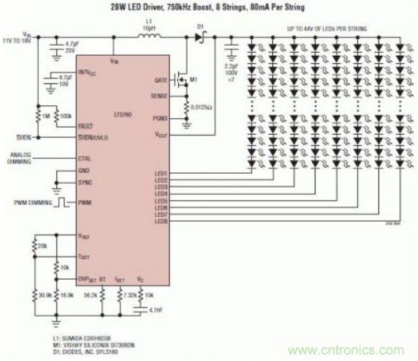采用 LT3760、效率為 90% 的 28W LED 背光照明電路