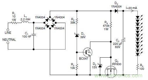圖2：斬波工作類(lèi)似圖1中的電路，但以較大的LED串聯(lián)電阻代替了恒流源，提供限流功能