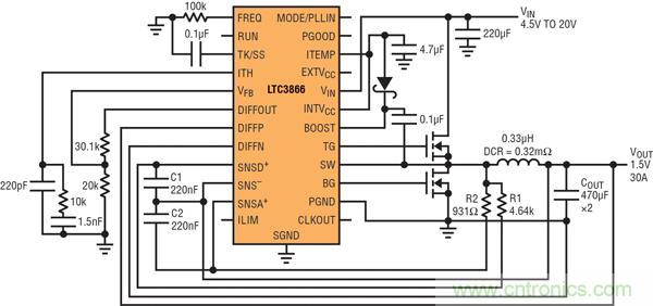 圖2：以非常低的DCR完成采樣的高效率、1.5V/30A降壓型轉(zhuǎn)換器