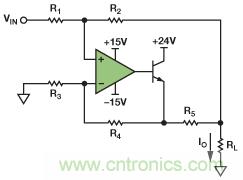 圖1. 改進型Howland電流源驅(qū)動接地負載。