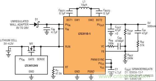 圖7：LTC3115-1與LTC4412HV相結(jié)合，以獲得由單節(jié)鋰離子電池和未穩(wěn)壓交流適配器提供的雙輸入5V電源