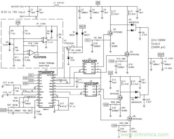 TPS40090 多相降壓控制器的 4 相、300W 升壓電源