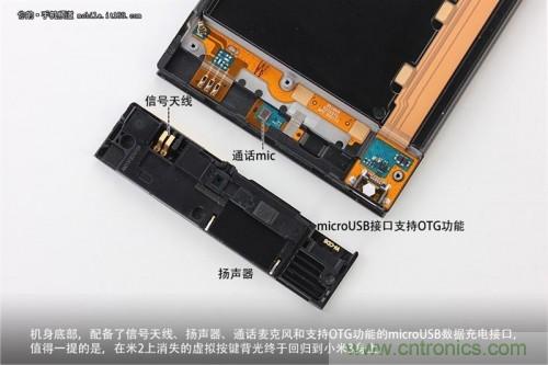 信號天線、揚聲器、麥克風(fēng)以及支持OTG功能的Micro USB接口均位于底部