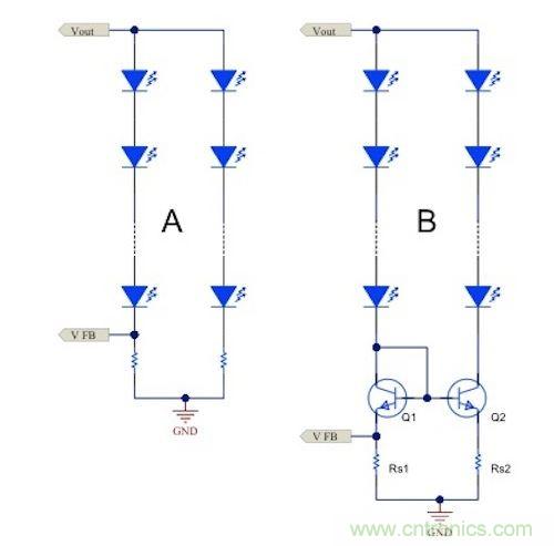 電流鏡 (B) 可針對簡單電阻器電流調(diào)節(jié) (A) 提供各種優(yōu)勢。