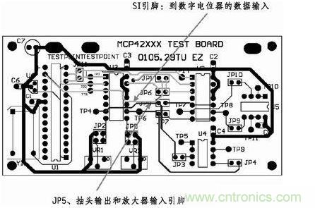 這是對圖2所示電路的第一次布線嘗試。此配置在模擬線路上產(chǎn)生不規(guī)律的噪聲，這是因為在特定數(shù)字走線上的數(shù)據(jù)輸入碼隨著數(shù)字電位器的編程需求而改變。