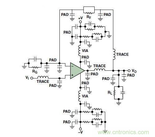 典型的運(yùn)算放大器電路，(a)原設(shè)計(jì)圖，(b)考慮寄生效應(yīng)后的圖