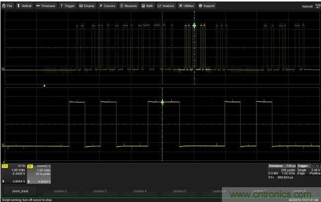 使用CustomDSO運行VB腳本“zoom_Track.lss”。當腳本運行時，縮放波形的中心將跟蹤水平的光標絕對位置。從圖中可以看出，光標將永遠位于縮放波形Z1的中心