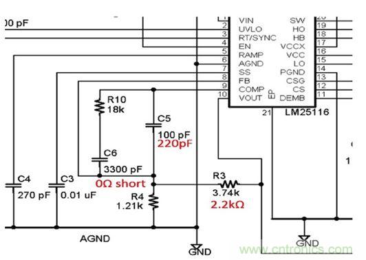 圖4：評估板部分原理圖顯示必須調整分壓器(R3和R4)將輸出電壓從5V改變到3.3V。另外還有其它多處改變。