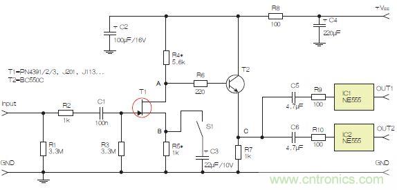 圖3：采用兩個工作在不同頻率下的555定時器電路，以獲取不同的音效。