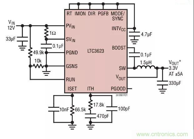 高效率、15V 軌至軌輸出同步降壓型穩(wěn)壓器能提供或吸收 5A