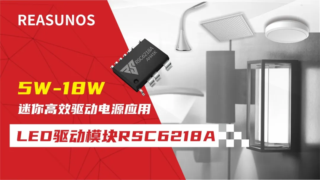 一、LED驅(qū)動模塊RSC6218A REASUNOS(瑞森半導(dǎo)體)通過持續(xù)投入研發(fā)，提升LLC應(yīng)用技術(shù)，集成控制芯片與功率轉(zhuǎn)換，成功推出新一代產(chǎn)品RSC6218A WSOP-16，延續(xù)瑞森LLC拓?fù)浞桨?，時機(jī)趨勢完全迎合我國雙碳政策，電氣特性契合新版國標(biāo)GB/T 17625.1-2022和歐盟新版ERP認(rèn)證EU2019/2020雙重法規(guī)，專為中小功率的產(chǎn)品提供優(yōu)秀的方案；接下來會分幾個篇章持續(xù)介紹新方案產(chǎn)品的應(yīng)用資料和設(shè)計實例分享：  RSC6218A功率模塊內(nèi)部集成CS-CP-LLC電源半橋模塊和功率轉(zhuǎn)換模塊，延續(xù)瑞森主題設(shè)計方向單級實現(xiàn)高PF無頻閃技術(shù)和LLC諧振軟開關(guān)技術(shù)方案：該型號適用于5-18W功率段；具備高轉(zhuǎn)換效率(90%+)，高PF(>0.96)，低THD(<10%)，小型化(縮小PCB面積10-25%)，通過優(yōu)化產(chǎn)品內(nèi)部設(shè)計提升產(chǎn)品內(nèi)部功率器件的開啟與關(guān)閉性能，避免干擾發(fā)生，最高工作頻率達(dá)200KHZ，實現(xiàn)WSOP-16封裝兼顧散熱與小型化；并且內(nèi)部可自動設(shè)置死區(qū)時間，讓方案可靠易設(shè)計。 產(chǎn)品可廣泛應(yīng)用于： 1.護(hù)眼系列燈具：如教室燈、辦公燈、護(hù)眼臺燈、壁燈、閱覽室燈等； 2.家居類燈具：如客廳燈、臥室燈、兒童房燈、廚房燈、走廊燈等； 3.軌道類燈具：地鐵照明、高鐵照明、隧道照明、車站照明等； 4.商照類燈具：筒燈、射燈、投射燈、 亮化燈、防爆燈等； 方案起到提供高效，穩(wěn)定，長壽命的作用。 二、產(chǎn)品功能框架  三、IC各PIN腳功能說明  PIN1 PGND 功率地，內(nèi)部是連接低邊MOS的S端地線； PIN2  NC  PIN3  HS 半橋MOS低邊漏極PIN； PIN4  HS 半橋MOS低邊漏極PIN； PIN5  HS 半橋MOS高邊源極PIN； PIN6  HS 半橋MOS高邊源極PIN； PIN7  NC  PIN8  HO 半橋MO高邊漏極； PIN9  HO 半橋MOS高邊漏極； PIN10 HB 半橋驅(qū)動高邊電源，通過外置的一個二極管與電容組成自舉回路，為高邊 MOS 的開啟提供電平； PIN11 VIN 高壓啟動的輸入腳，最高耐壓可達(dá)DC600V，啟動電流在1.7mA，一般應(yīng)用是從高壓電解處串接一個1206100K電阻引到PIN1，在整個環(huán)路還未建立起來時，是靠這個引腳的供電通過內(nèi)部連接到PIN6VCC，然后把VCC電容慢慢充電到芯片的啟動電壓后，芯片開始工作。整個環(huán)路建立起來后，VIN腳內(nèi)部關(guān)斷，VCC 通過外部變壓器輔助繞組供電維持正常工作； PIN12  VCC 信號電源引腳， 工作電壓范圍 8-20V，工作電流在 0.8mA，靜態(tài)工作電流是 720uA； PIN13  NC DT懸空腳； PIN14 FB  電壓反饋輸入，VFB中心值是1.2V，該引腳的功能主要是限定空載電壓的最大幅度，該芯片空載保護(hù)屬于打嗝模式，可以有效降低空載損耗，能效要求輕松符合小于0.5W的要求； PIN15  CS 電流采樣正弦波信號輸入該PIN腳是通過線路中的互感電感采樣得到全波的正弦波信號， 通過電阻轉(zhuǎn)換為電壓信號后，輸入到CS PIN腳， 內(nèi)部連接到壓控振蕩器，根據(jù)輸入進(jìn)來的電壓幅值大小，以及正弦波的頻率，壓控振蕩器輸出對應(yīng)的方波來控制LG與HG端的MOS開關(guān)頻率，實現(xiàn)恒流調(diào)節(jié)控制； PIN16  AGND 信號地參考電平，主要連接 VCC，F(xiàn)B 對應(yīng) PIN 腳的元件地線。 四、關(guān)鍵PIN腳參數(shù)設(shè)定范圍  五、典型應(yīng)用原理圖  關(guān)注瑞森半導(dǎo)體公眾號，接下來持續(xù)分享具體案例的設(shè)計參考文檔，攜手各伙伴們實現(xiàn)新版國標(biāo)GB/T17625.1-2022的順利達(dá)標(biāo)，為工程師縮短開發(fā)周期，讓工廠端得到滿意的產(chǎn)品，給客戶一個滿意的答卷，得到需要的利潤空間。