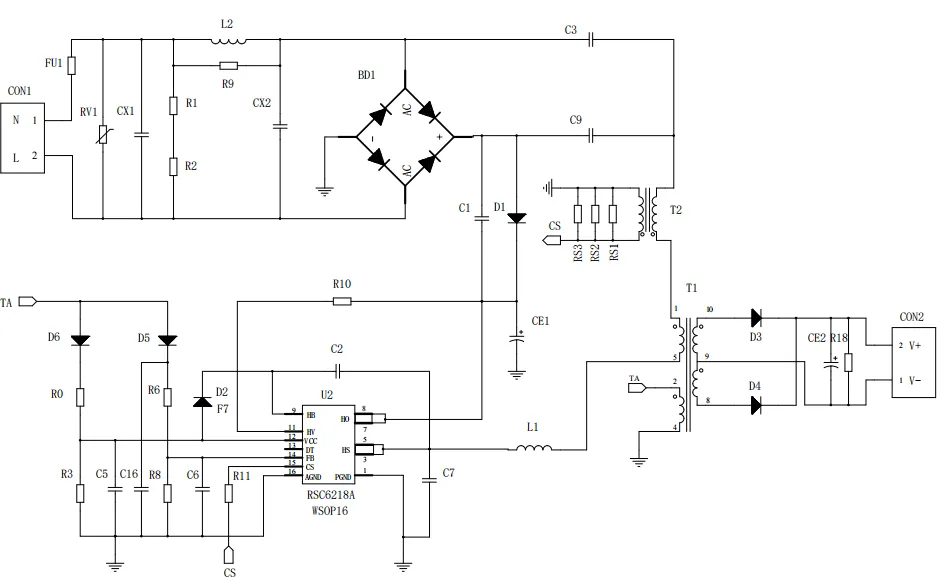 一、LED驅(qū)動模塊RSC6218A REASUNOS(瑞森半導(dǎo)體)通過持續(xù)投入研發(fā)，提升LLC應(yīng)用技術(shù)，集成控制芯片與功率轉(zhuǎn)換，成功推出新一代產(chǎn)品RSC6218A WSOP-16，延續(xù)瑞森LLC拓?fù)浞桨福瑫r機(jī)趨勢完全迎合我國雙碳政策，電氣特性契合新版國標(biāo)GB/T 17625.1-2022和歐盟新版ERP認(rèn)證EU2019/2020雙重法規(guī)，專為中小功率的產(chǎn)品提供優(yōu)秀的方案；接下來會分幾個篇章持續(xù)介紹新方案產(chǎn)品的應(yīng)用資料和設(shè)計實例分享：  RSC6218A功率模塊內(nèi)部集成CS-CP-LLC電源半橋模塊和功率轉(zhuǎn)換模塊，延續(xù)瑞森主題設(shè)計方向單級實現(xiàn)高PF無頻閃技術(shù)和LLC諧振軟開關(guān)技術(shù)方案：該型號適用于5-18W功率段；具備高轉(zhuǎn)換效率(90%+)，高PF(>0.96)，低THD(<10%)，小型化(縮小PCB面積10-25%)，通過優(yōu)化產(chǎn)品內(nèi)部設(shè)計提升產(chǎn)品內(nèi)部功率器件的開啟與關(guān)閉性能，避免干擾發(fā)生，最高工作頻率達(dá)200KHZ，實現(xiàn)WSOP-16封裝兼顧散熱與小型化；并且內(nèi)部可自動設(shè)置死區(qū)時間，讓方案可靠易設(shè)計。 產(chǎn)品可廣泛應(yīng)用于： 1.護(hù)眼系列燈具：如教室燈、辦公燈、護(hù)眼臺燈、壁燈、閱覽室燈等； 2.家居類燈具：如客廳燈、臥室燈、兒童房燈、廚房燈、走廊燈等； 3.軌道類燈具：地鐵照明、高鐵照明、隧道照明、車站照明等； 4.商照類燈具：筒燈、射燈、投射燈、 亮化燈、防爆燈等； 方案起到提供高效，穩(wěn)定，長壽命的作用。 二、產(chǎn)品功能框架  三、IC各PIN腳功能說明  PIN1 PGND 功率地，內(nèi)部是連接低邊MOS的S端地線； PIN2  NC  PIN3  HS 半橋MOS低邊漏極PIN； PIN4  HS 半橋MOS低邊漏極PIN； PIN5  HS 半橋MOS高邊源極PIN； PIN6  HS 半橋MOS高邊源極PIN； PIN7  NC  PIN8  HO 半橋MO高邊漏極； PIN9  HO 半橋MOS高邊漏極； PIN10 HB 半橋驅(qū)動高邊電源，通過外置的一個二極管與電容組成自舉回路，為高邊 MOS 的開啟提供電平； PIN11 VIN 高壓啟動的輸入腳，最高耐壓可達(dá)DC600V，啟動電流在1.7mA，一般應(yīng)用是從高壓電解處串接一個1206100K電阻引到PIN1，在整個環(huán)路還未建立起來時，是靠這個引腳的供電通過內(nèi)部連接到PIN6VCC，然后把VCC電容慢慢充電到芯片的啟動電壓后，芯片開始工作。整個環(huán)路建立起來后，VIN腳內(nèi)部關(guān)斷，VCC 通過外部變壓器輔助繞組供電維持正常工作； PIN12  VCC 信號電源引腳， 工作電壓范圍 8-20V，工作電流在 0.8mA，靜態(tài)工作電流是 720uA； PIN13  NC DT懸空腳； PIN14 FB  電壓反饋輸入，VFB中心值是1.2V，該引腳的功能主要是限定空載電壓的最大幅度，該芯片空載保護(hù)屬于打嗝模式，可以有效降低空載損耗，能效要求輕松符合小于0.5W的要求； PIN15  CS 電流采樣正弦波信號輸入該PIN腳是通過線路中的互感電感采樣得到全波的正弦波信號， 通過電阻轉(zhuǎn)換為電壓信號后，輸入到CS PIN腳， 內(nèi)部連接到壓控振蕩器，根據(jù)輸入進(jìn)來的電壓幅值大小，以及正弦波的頻率，壓控振蕩器輸出對應(yīng)的方波來控制LG與HG端的MOS開關(guān)頻率，實現(xiàn)恒流調(diào)節(jié)控制； PIN16  AGND 信號地參考電平，主要連接 VCC，F(xiàn)B 對應(yīng) PIN 腳的元件地線。 四、關(guān)鍵PIN腳參數(shù)設(shè)定范圍  五、典型應(yīng)用原理圖  關(guān)注瑞森半導(dǎo)體公眾號，接下來持續(xù)分享具體案例的設(shè)計參考文檔，攜手各伙伴們實現(xiàn)新版國標(biāo)GB/T17625.1-2022的順利達(dá)標(biāo)，為工程師縮短開發(fā)周期，讓工廠端得到滿意的產(chǎn)品，給客戶一個滿意的答卷，得到需要的利潤空間。