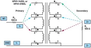   材料  ? ADALM2000主動學習模塊 ? 無焊試驗板和跳線套件 ? 一臺HPH1-1400L 6繞組變壓器 ? 一臺HPH1-0190L 6繞組變壓器 ? 兩個100 Ω電阻  說明  在無焊試驗板上構(gòu)建圖2所示的電路。需要使用此設(shè)置來測量初級/次級匝數(shù)比為1:1的三種不同配置下，兩個變壓器型號各自的頻率響應。兩個紅色箭頭表示在初級和次級使用同一個線圈的配置中連接源電阻和負載電阻的位置。藍色箭頭對應的是在初級和次級使用兩個串聯(lián)線圈的配置。綠色箭頭對應的是在初級和次級使用三個串聯(lián)線圈的配置。